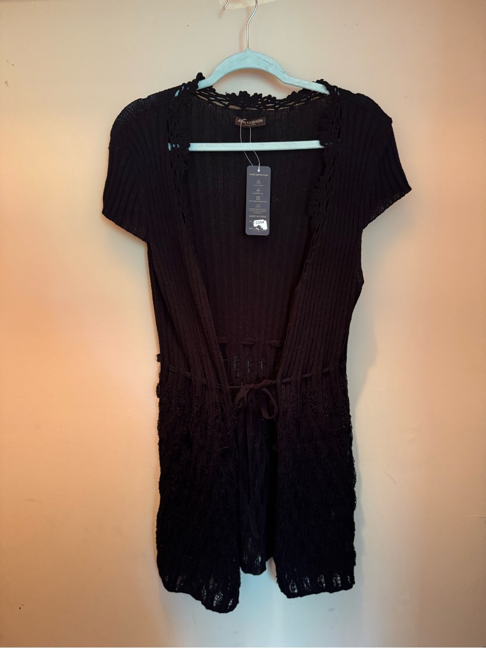 Black Short-Sleeve Open-Front Knit Cardigan with Tie Waist